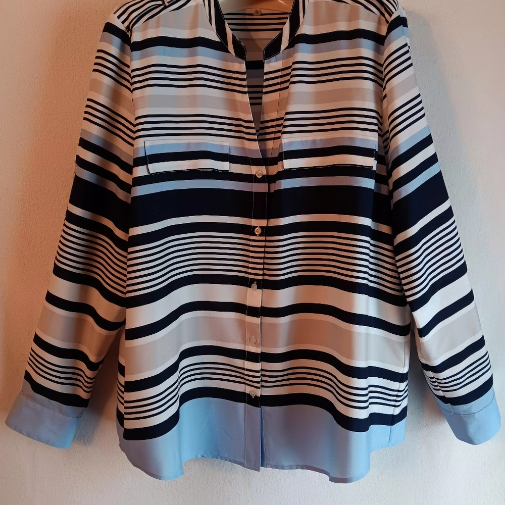 Calvin Klein Striped Button Down Shirt - Navy/Blue/White/Gray Women XL